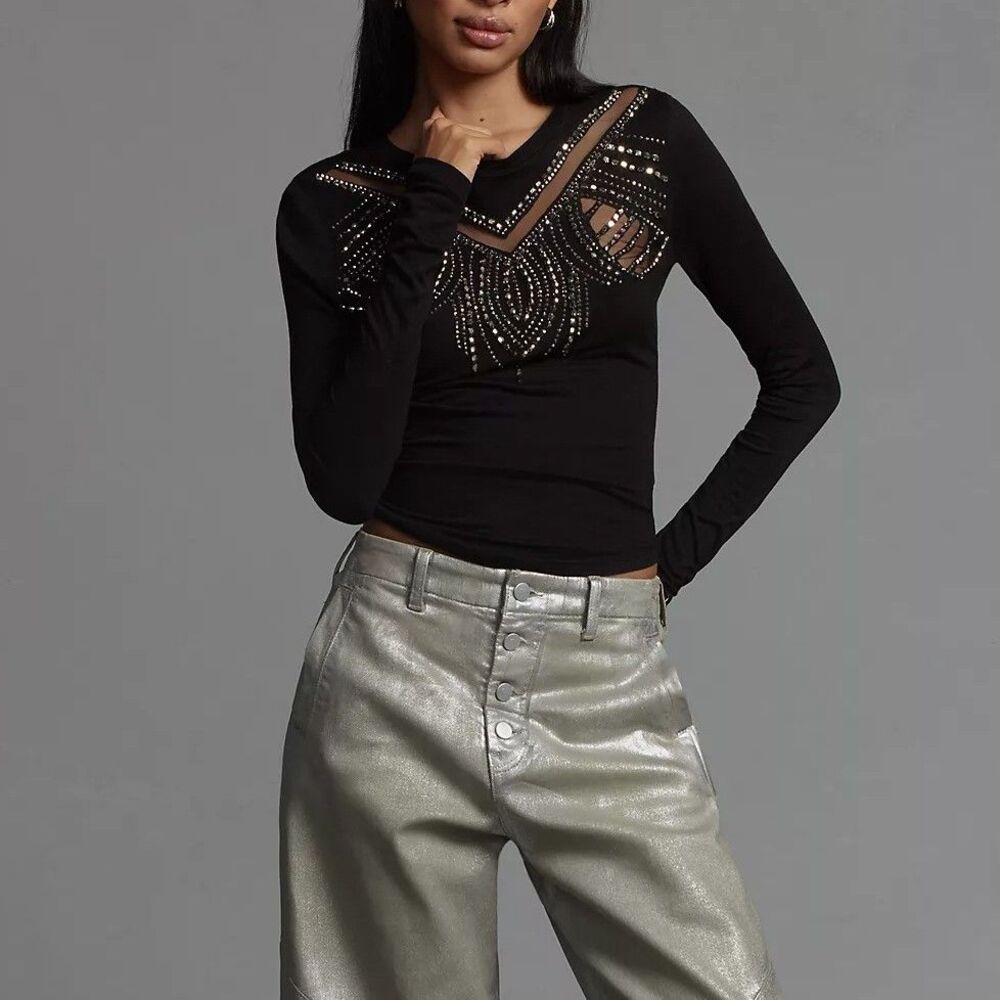 By Anthropologie Long-Sleeve Embellished Beaded Appliqué Blouse Top S 291455